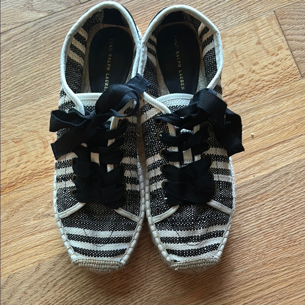 POLO RALPH LAUREN Black and White Striped canvas Sneakers espadrille style